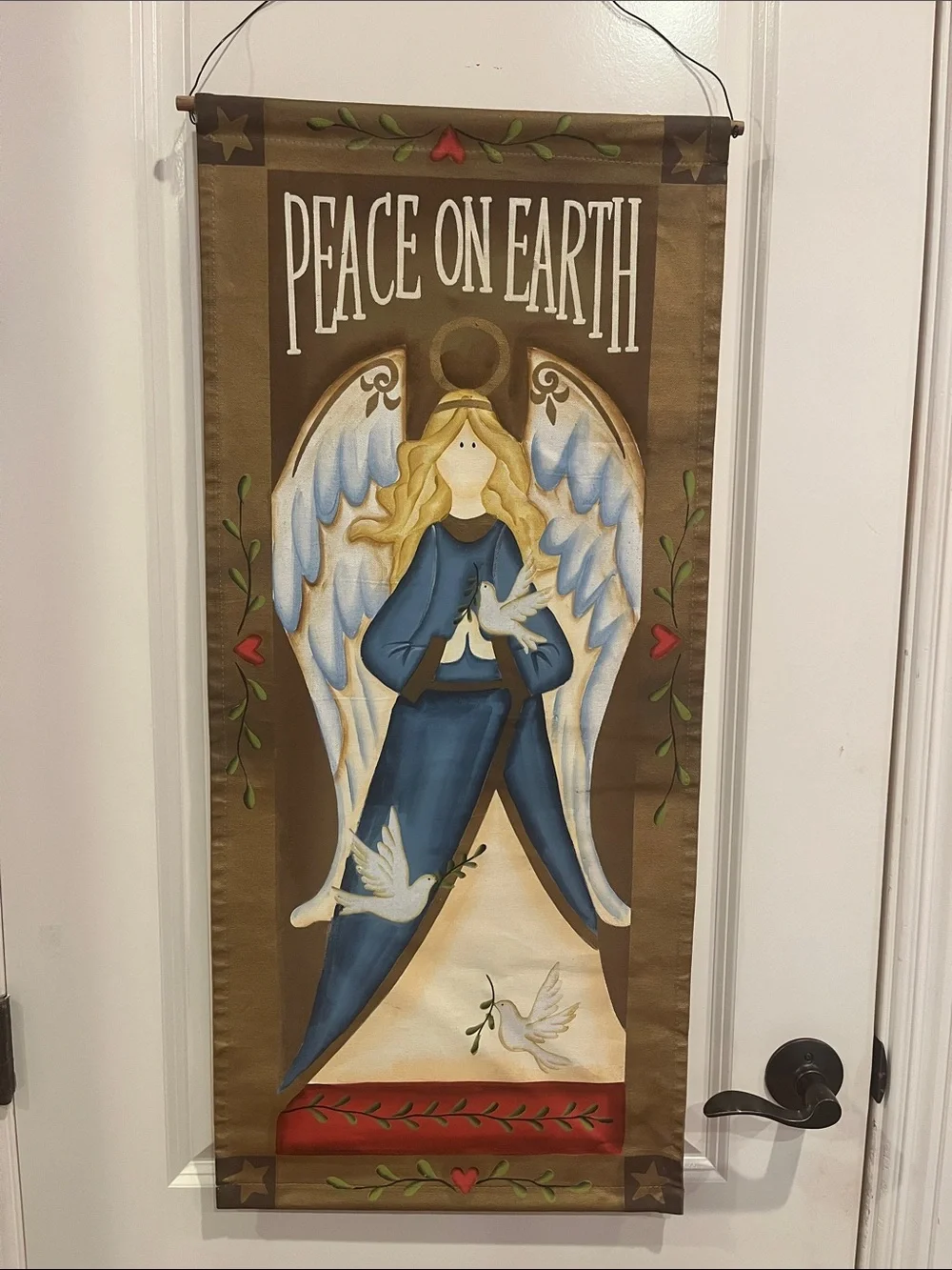 Vintage Peace On Earth Angel Wall Hanging Hand Painted Christmas Holiday Decor